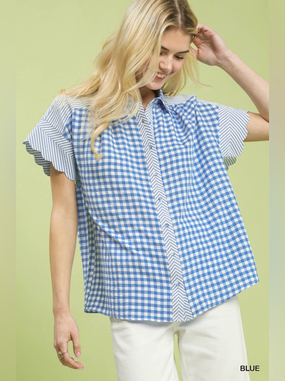 Umgee Mixed Gingham Shirt 💙 Blue Short Sleeve Button Down | Casual Chic
